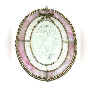 Vintage stained glass like sun‎ catcher w/etched little girl and doll under tree